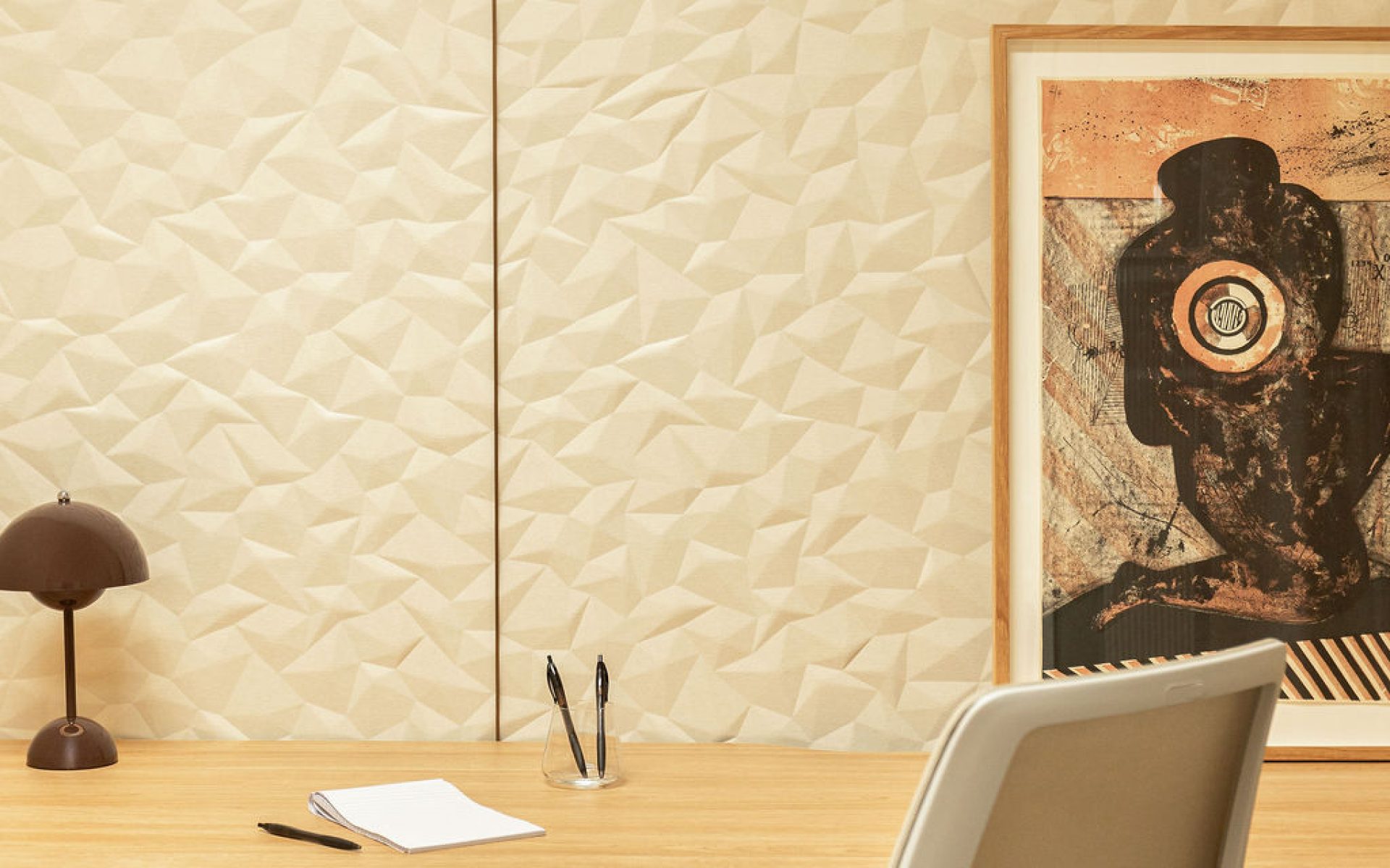 Elegant legal workplace fitout in Brisbane with timber-look panelling, fluted privacy film and brass accents
